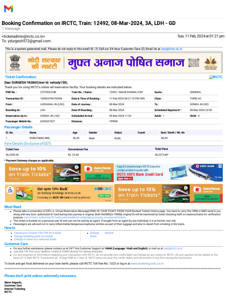 IRCTC Train Ticket Confirmation | PDF | Service Industries