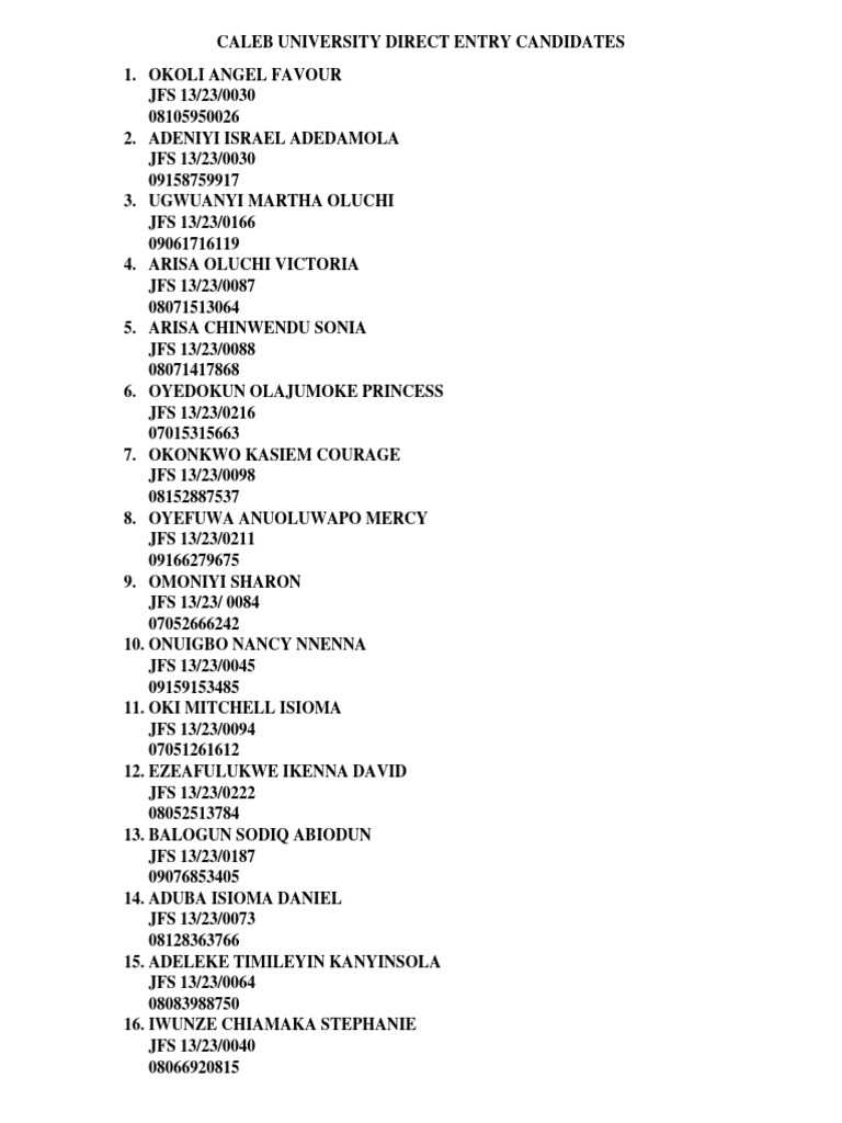 Caleb University Direct Entry List | PDF | Sports & Recreation