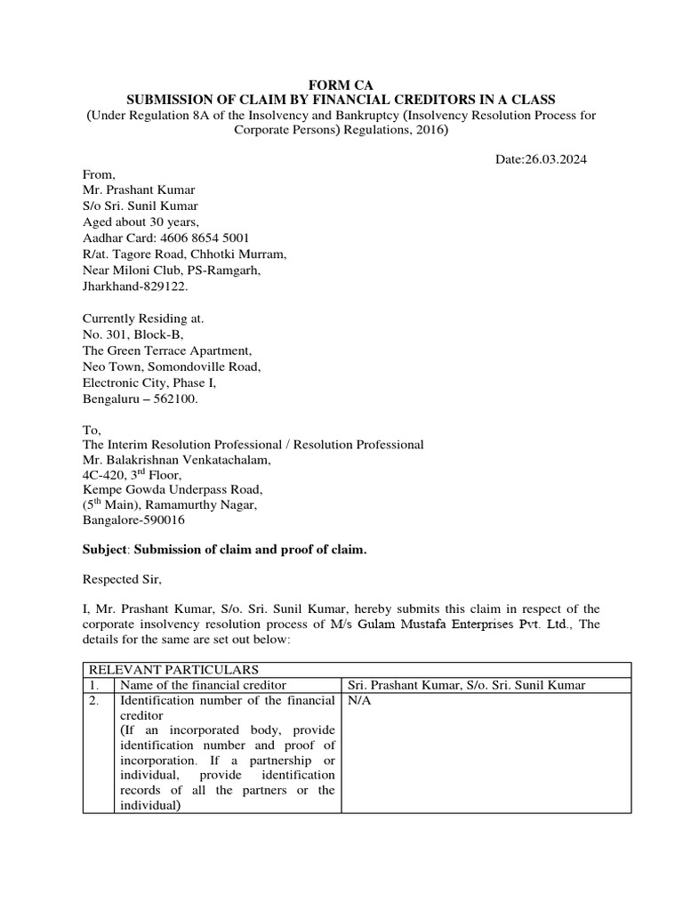 Claim Submission by Prashant Kumar | PDF | Banks | Debt