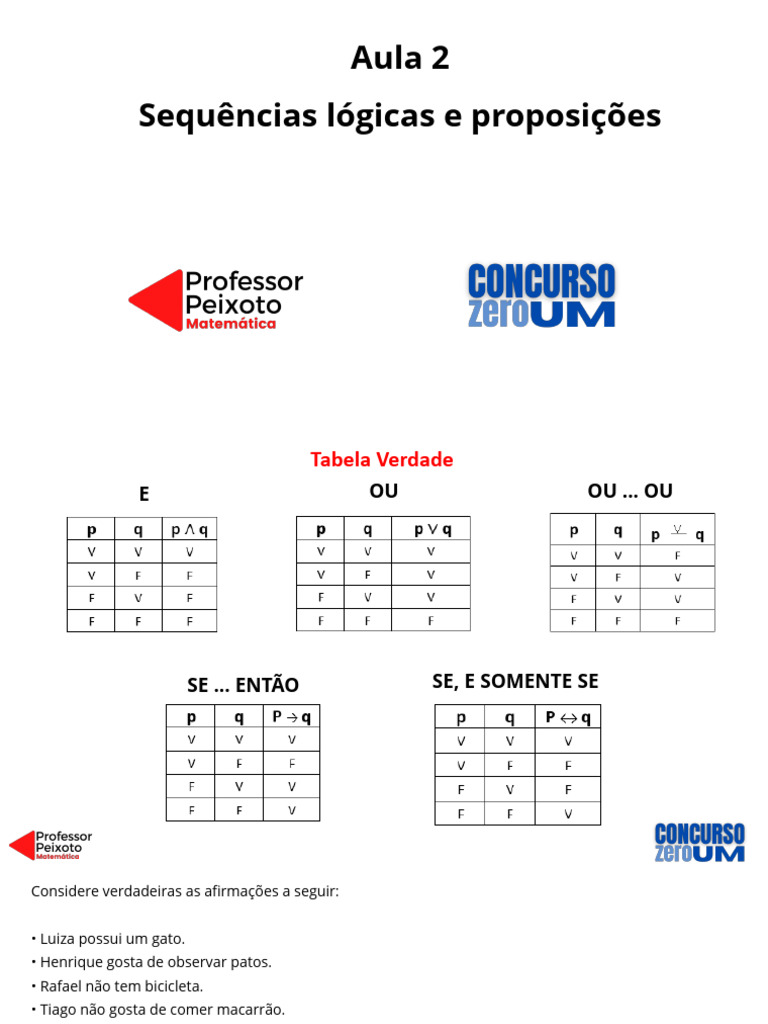 Sequências Lógicas e Proposições: Aula 2 | PDF | Verdade | Sequência