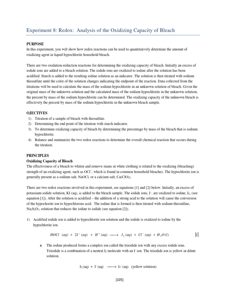 Experiment 8 Redox Analysis of Bleach PDF Redox Titration