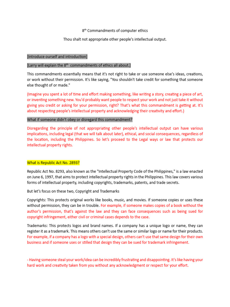 8th Commandment of Computer Ethics | PDF | Trademark | Intellectual ...