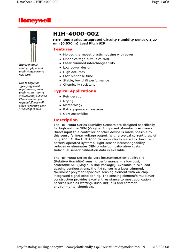 Honeywell HIH 4000 004 Datasheet | PDF | Sensor | Humidity