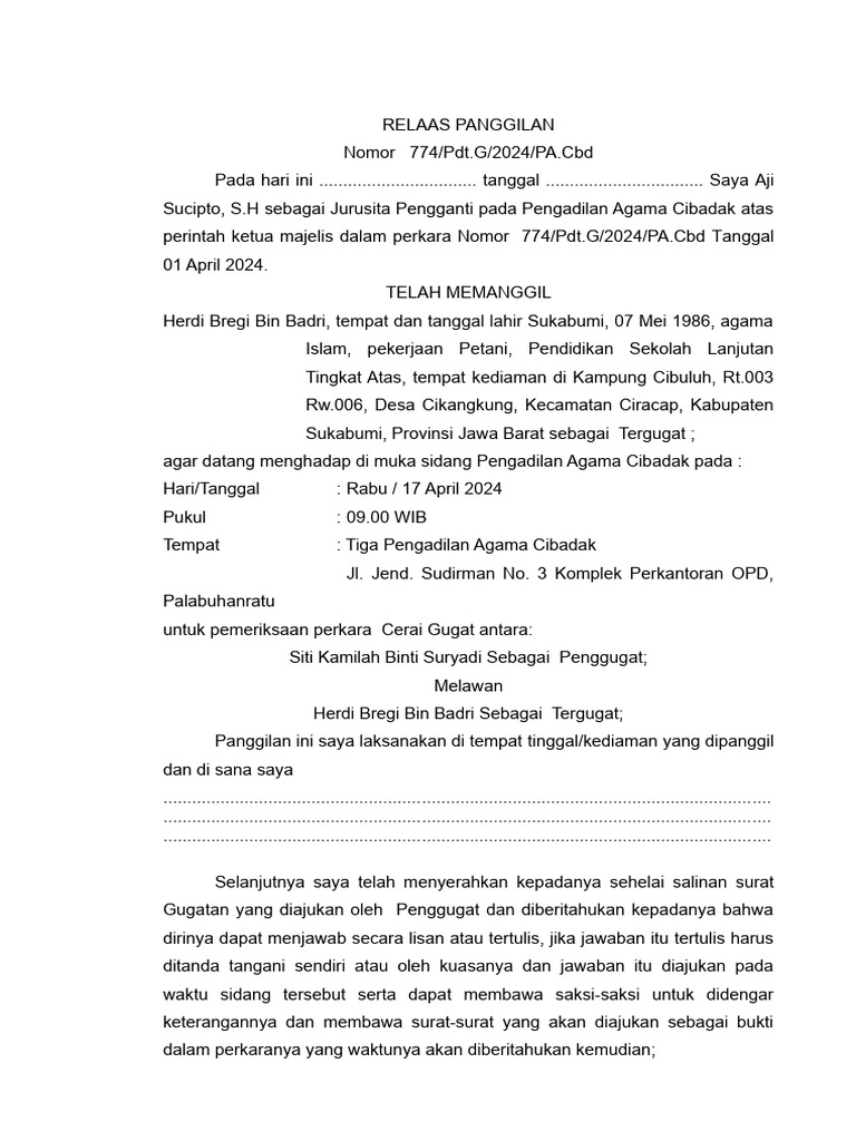 Relaas Panggilan Sidang Cerai 2024 | PDF