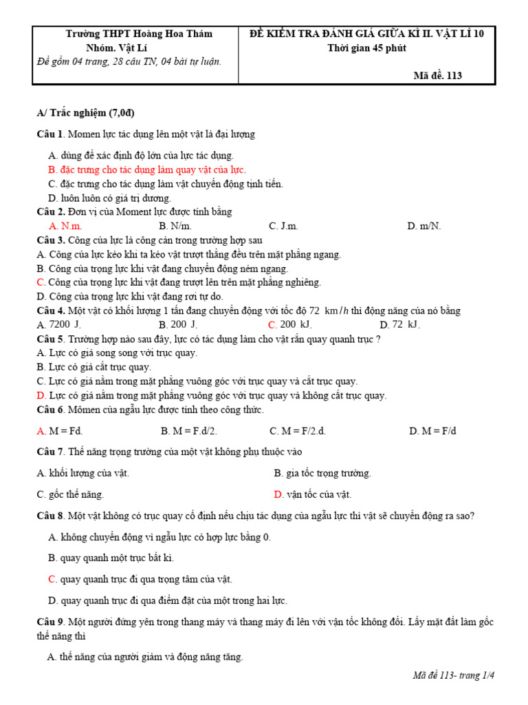 Đề KT giữa Kì II- 10 Mã đề 113 | PDF