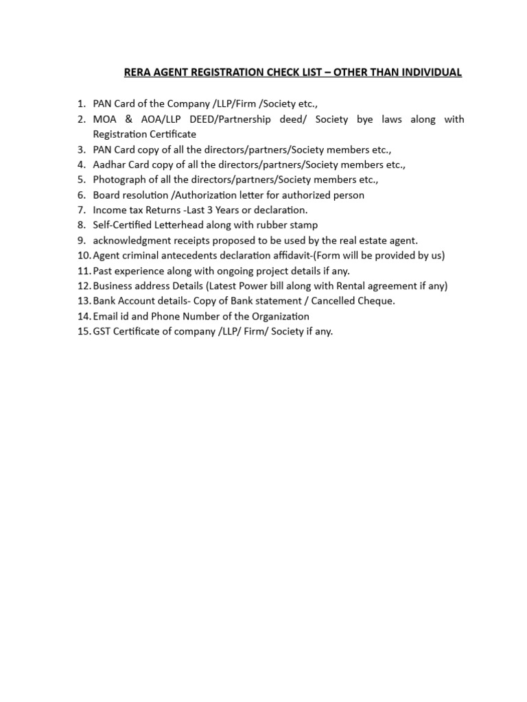 RERA Agent Registration Document Checklist | PDF