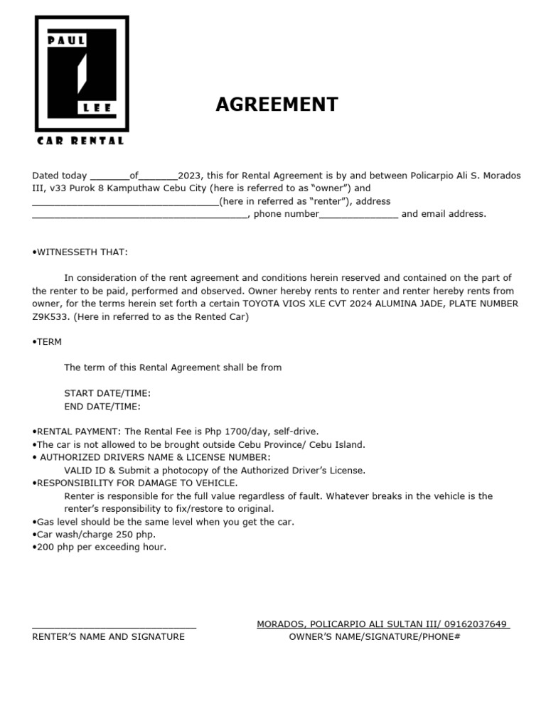 Rental Agreement for Toyota Vios 2024 | PDF | Business | Law