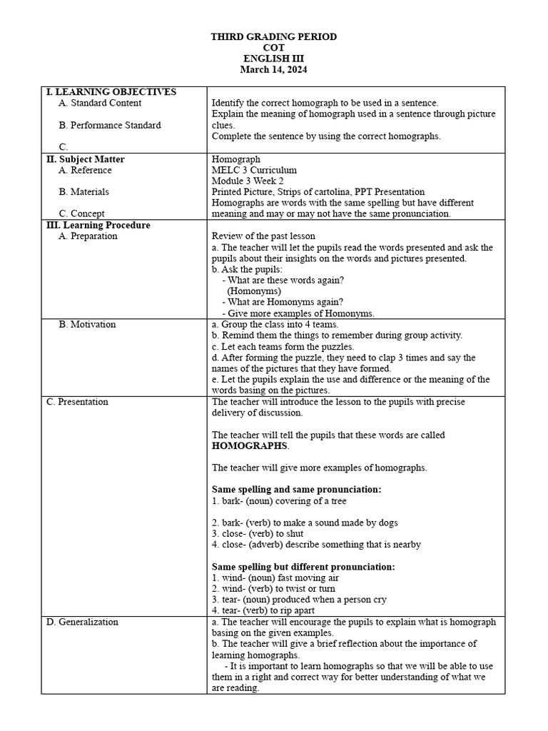Homograph Lesson Plan | PDF | Verb | Teachers