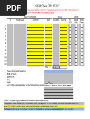 Editable Group & Team Cash Receipt Form