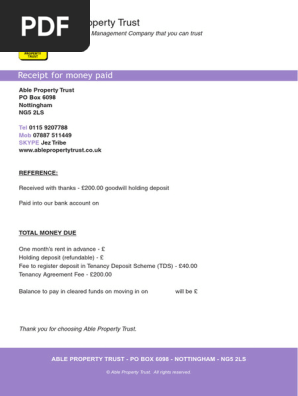 Receipt for Money Paid