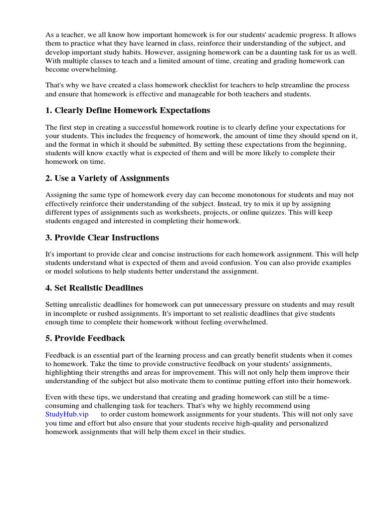 Class Homework Checklist For Teachers | PDF | Homework | Essays