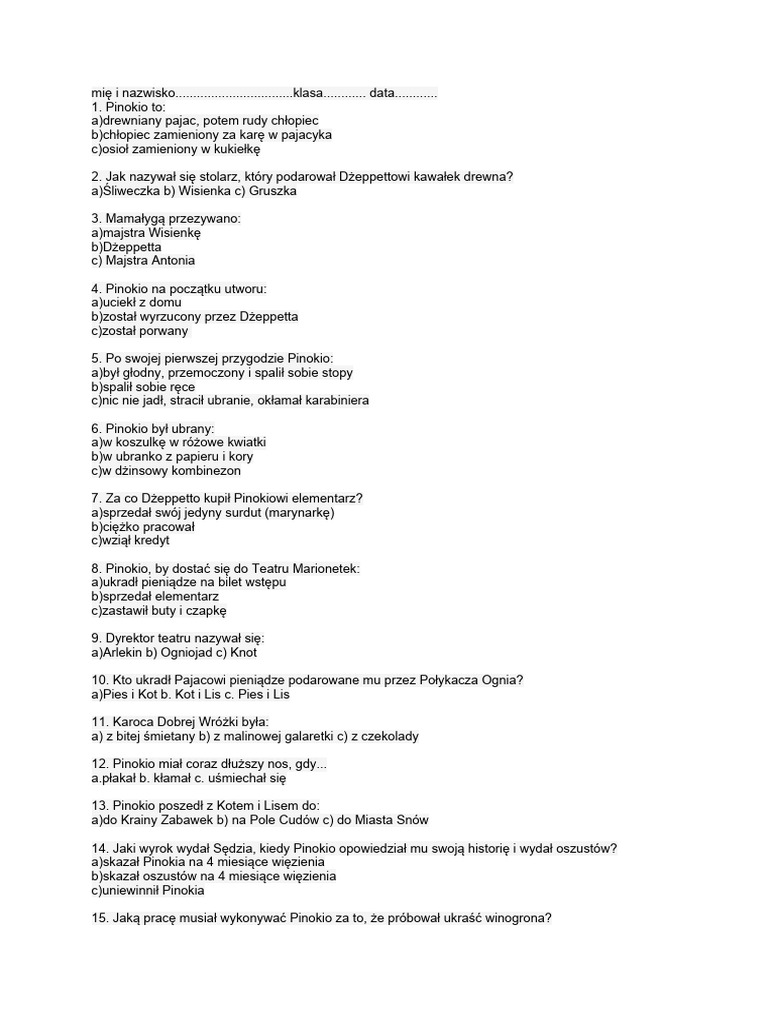 Sprawdzian Z Pinokia Klasa 4 Pinokio test | PDF