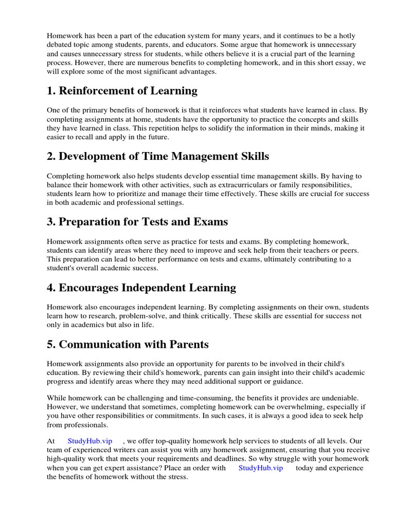 Short Essay On Benefits of Homework | PDF | Homework | Learning