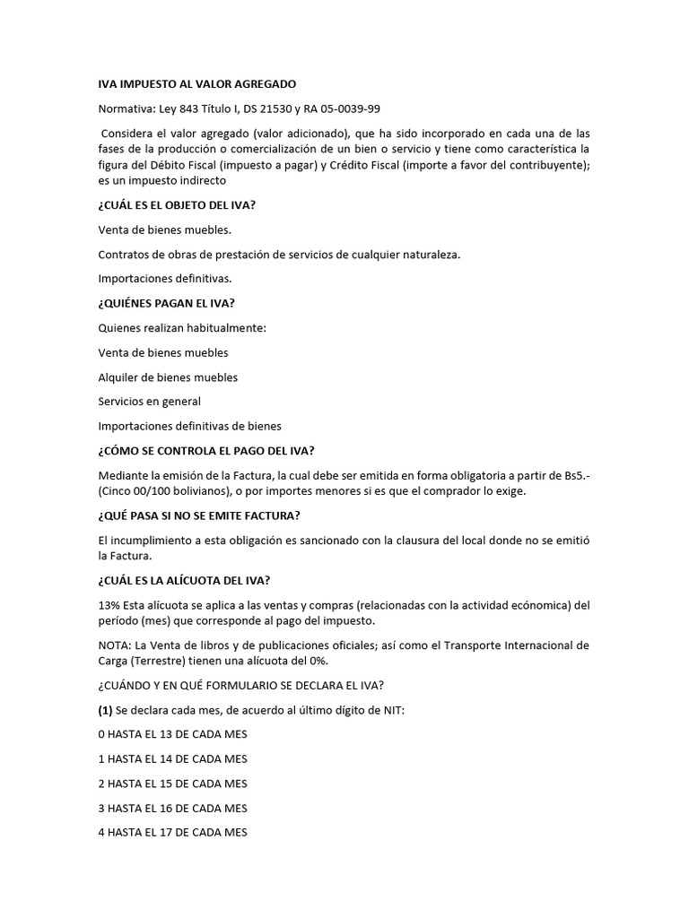 IVA e IT en Bolivia: Normativa y Aplicación | PDF | Impuesto al valor ...