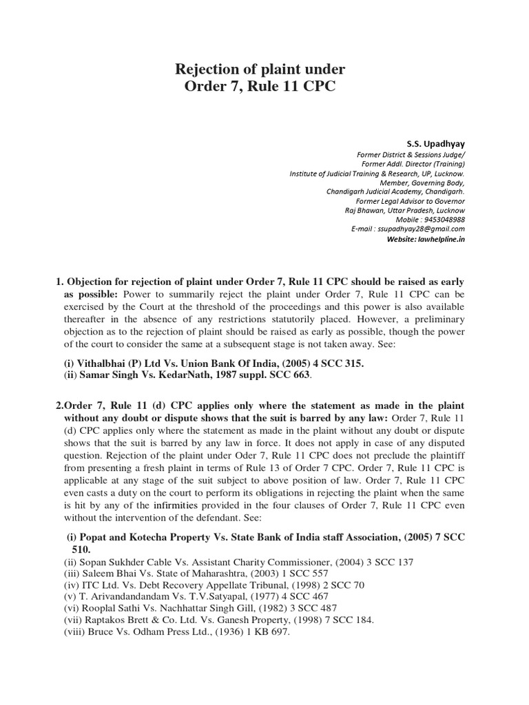 Rejection of plaint under order 7 rule 11 cpc pdf lawsuit