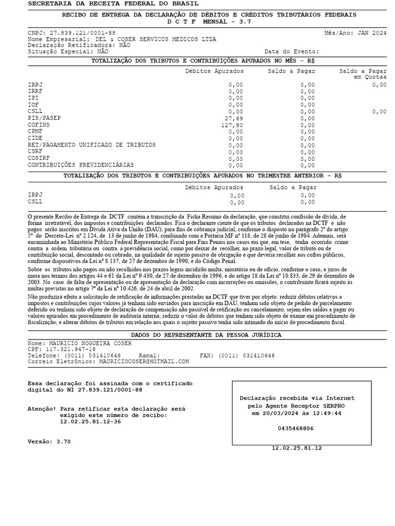 Recibo de entrega da declara o de d bitos e cr ditos tribut rios