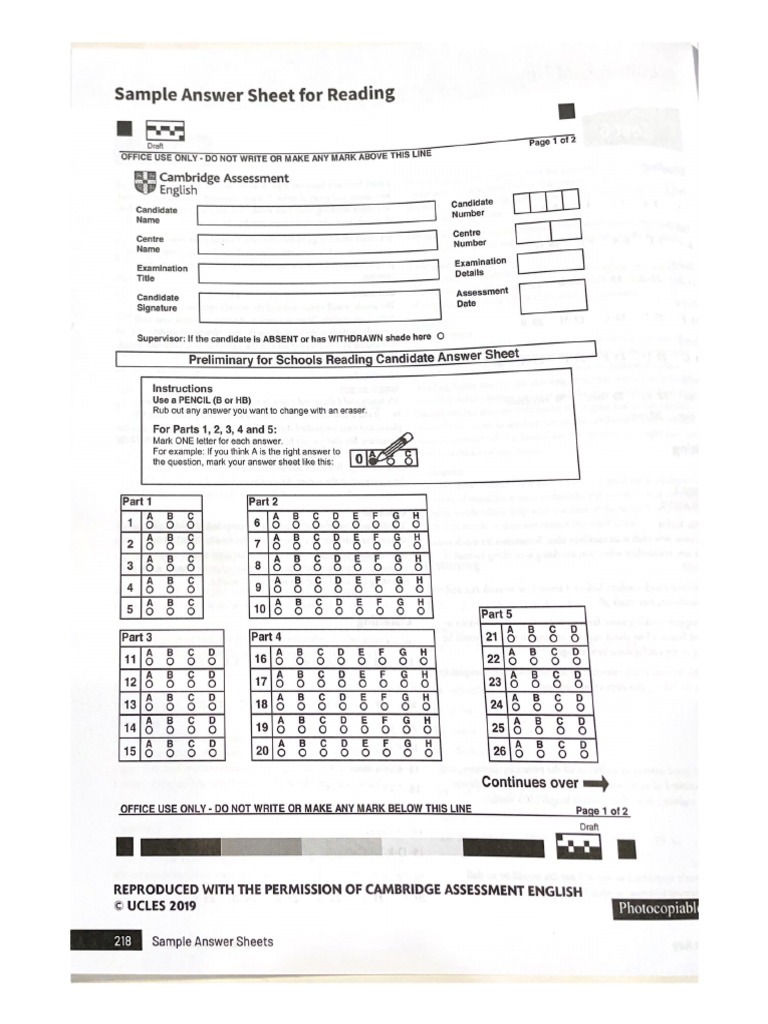 Sample Answer Sheets PET | PDF