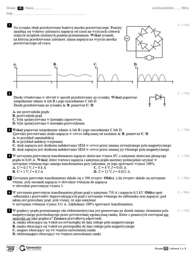 indukcja elektromagnetyczna Test (z widoczną punktacją) | PDF