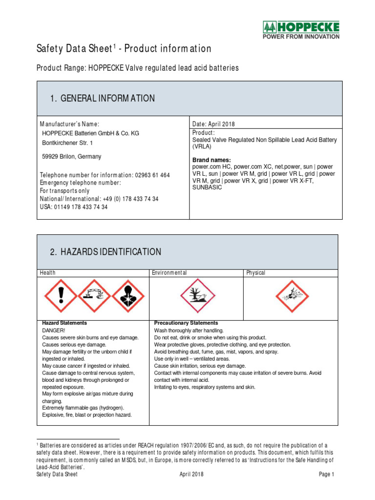 vrla_safety_data_sheet_en PDF Sulfuric Acid Combustion