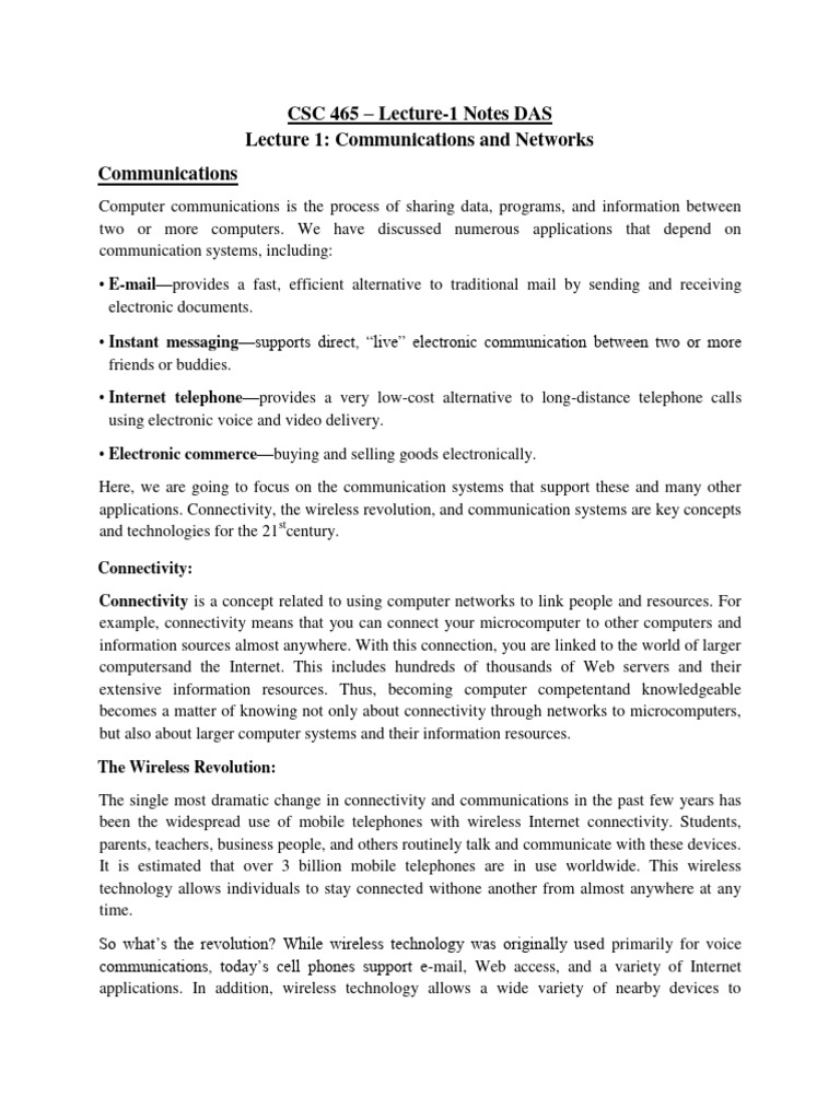 CSC 465 Lecture-1 Notes DAS | PDF | Computer Network | Modem