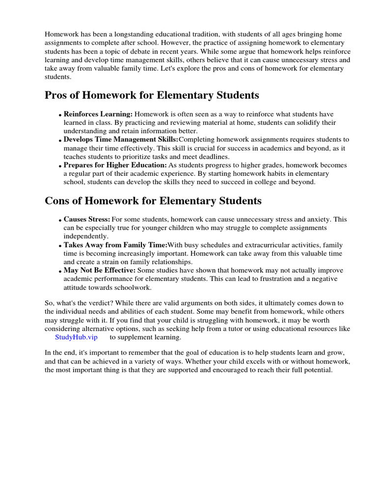 Pros and Cons of Homework For Elementary Students | Download Free PDF