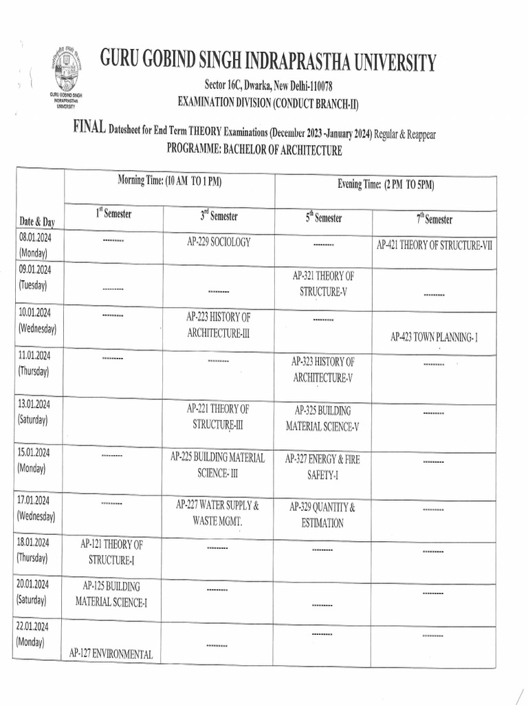 Final Datesheet Dec. 2023 - January 2024 | PDF