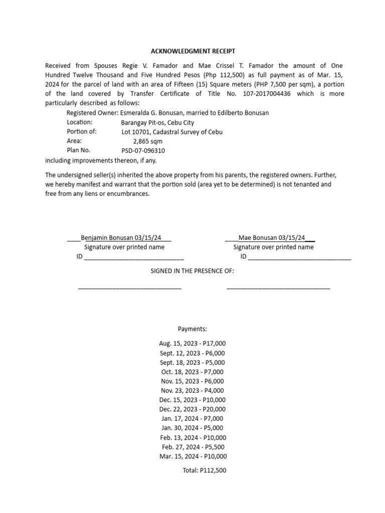 Acknowledgment Receipt for Land Payment | PDF