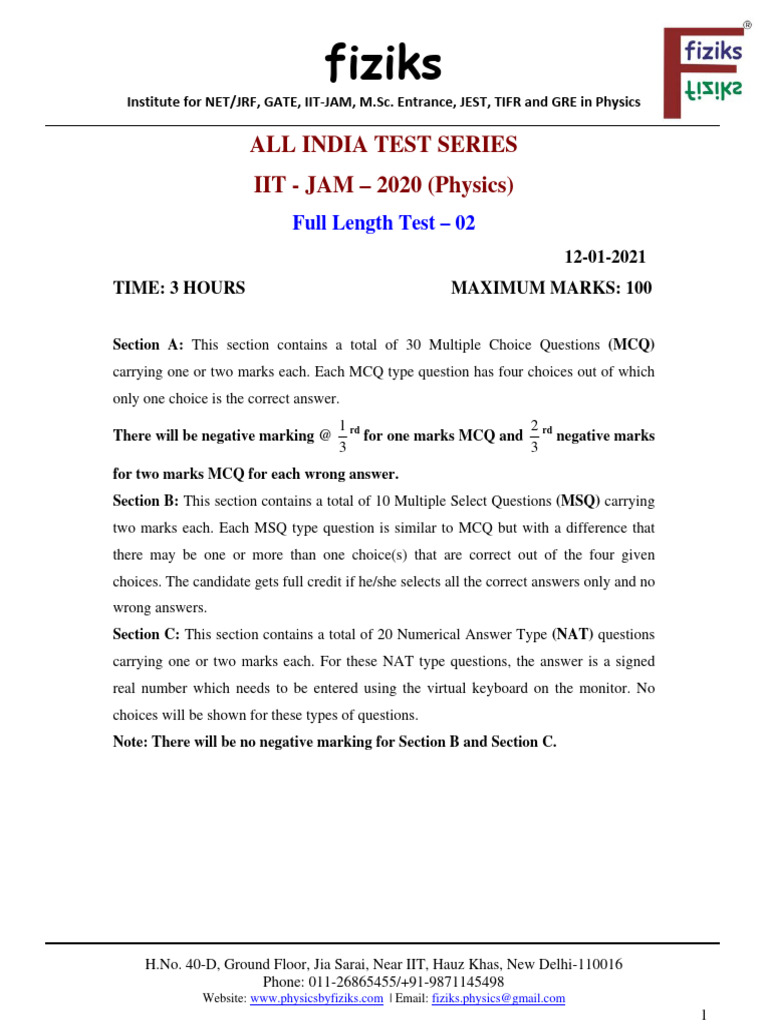 Jam Full Length Test - B | PDF | Entropy | Force