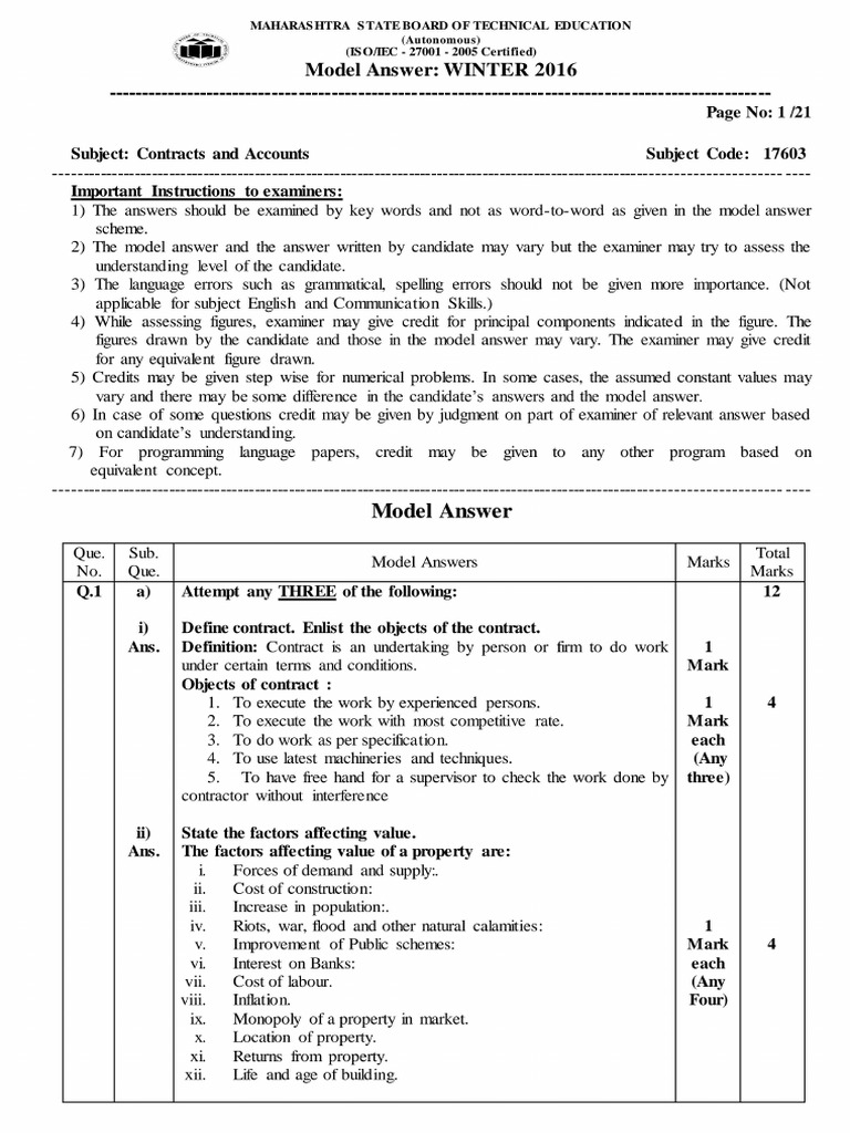 6th Sem Contracts and Accounts Civil Answer Paper Winter 2016 | PDF