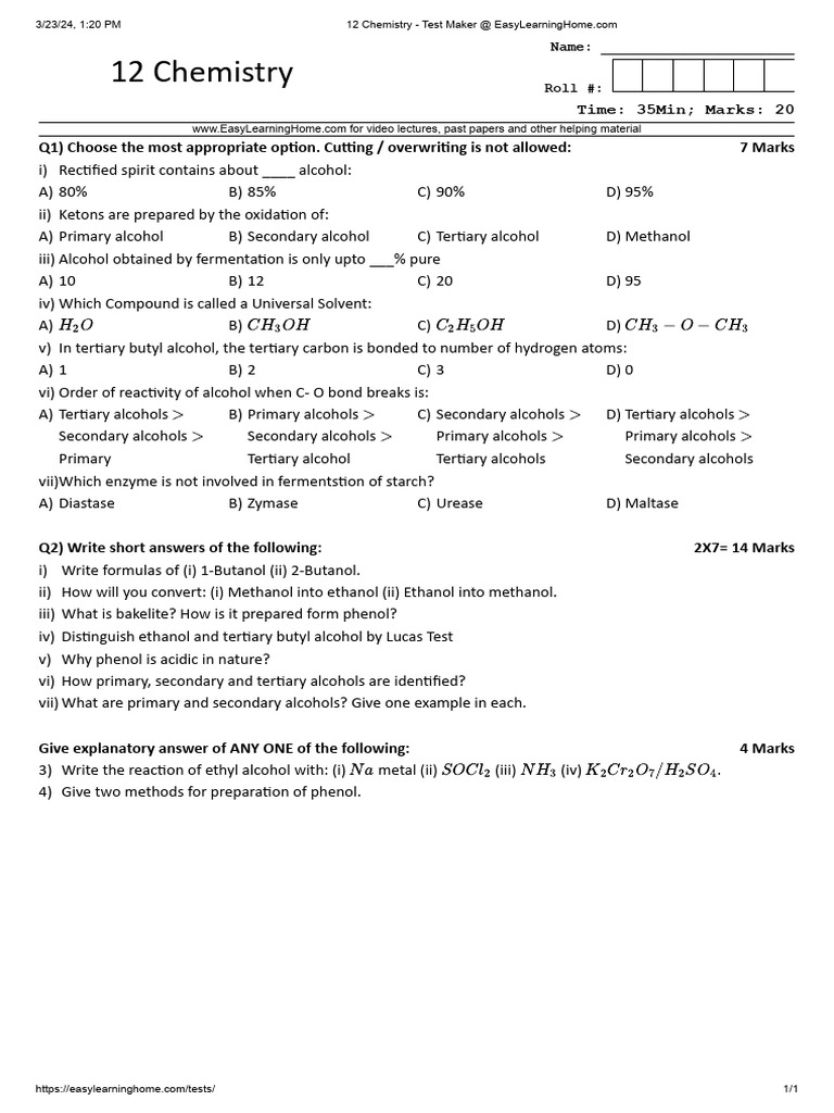 12 Chemistry Test Questions and Answers | PDF | Ethanol | Fermentation