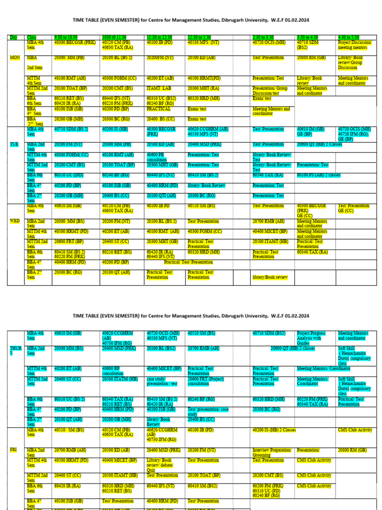 Dibrugarh University Even Semester Timetable | PDF