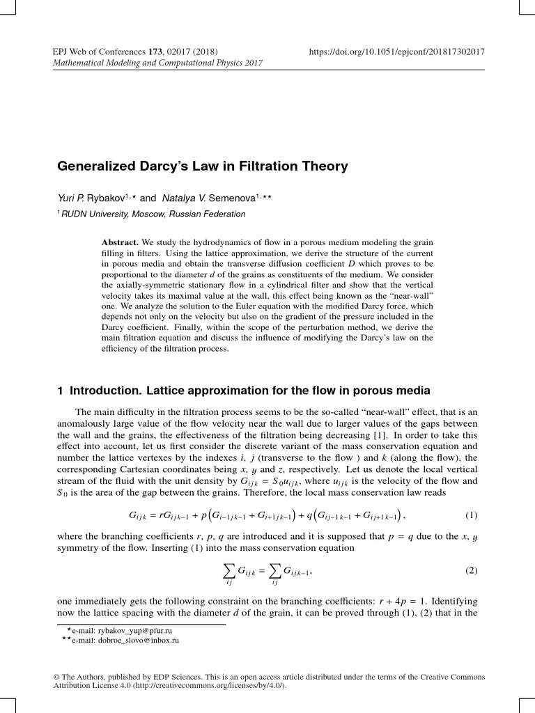 Generalized Darcys Law in Filtration Theory | PDF | Fluid Dynamics ...