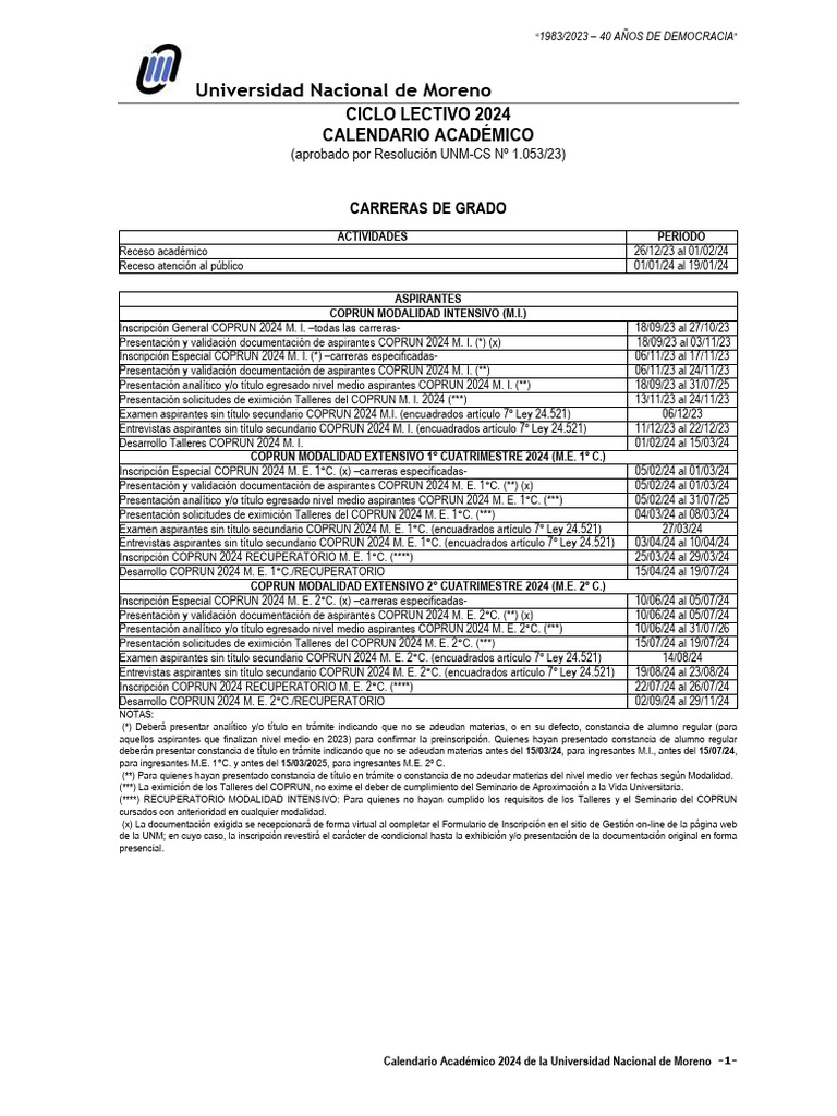 CalendarioAcademico2024UNMNov2023 PDF Plan de estudios