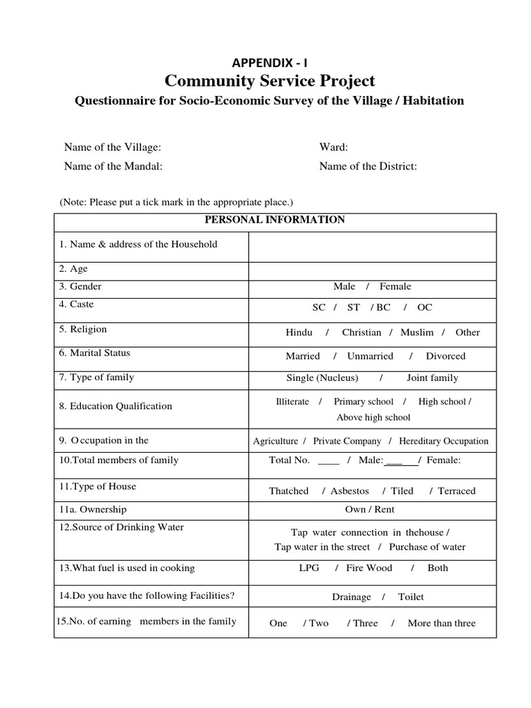 Village Socio-Economic Survey Questionnaire | PDF | Debt | Welfare