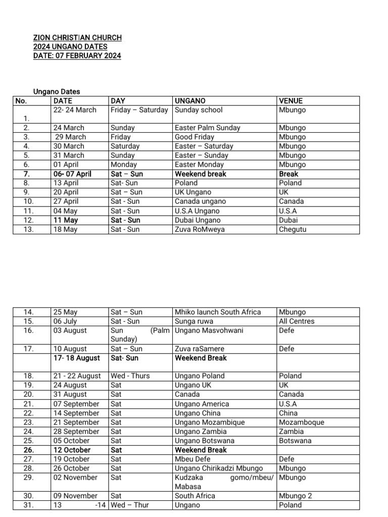 2024 Ungano Dates Pdf Easter March Observances