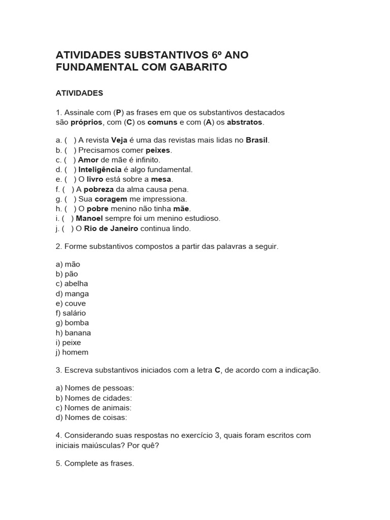 Atividades Substantivos 6º Ano Fundamental Com Gabarito | PDF