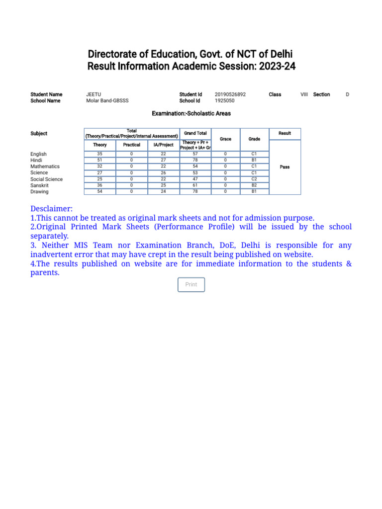 Class 8th Marksheet Download