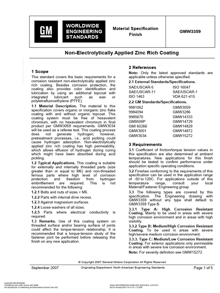GMW - 3359-2007 - Non-Electrolytically Applied Zinc Rich Coating | PDF ...