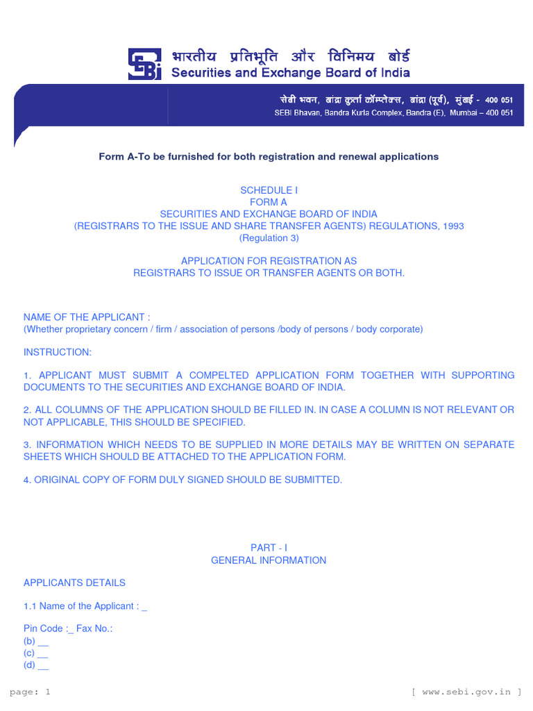 SEBI Registration Application Form A | PDF | Securities (Finance ...