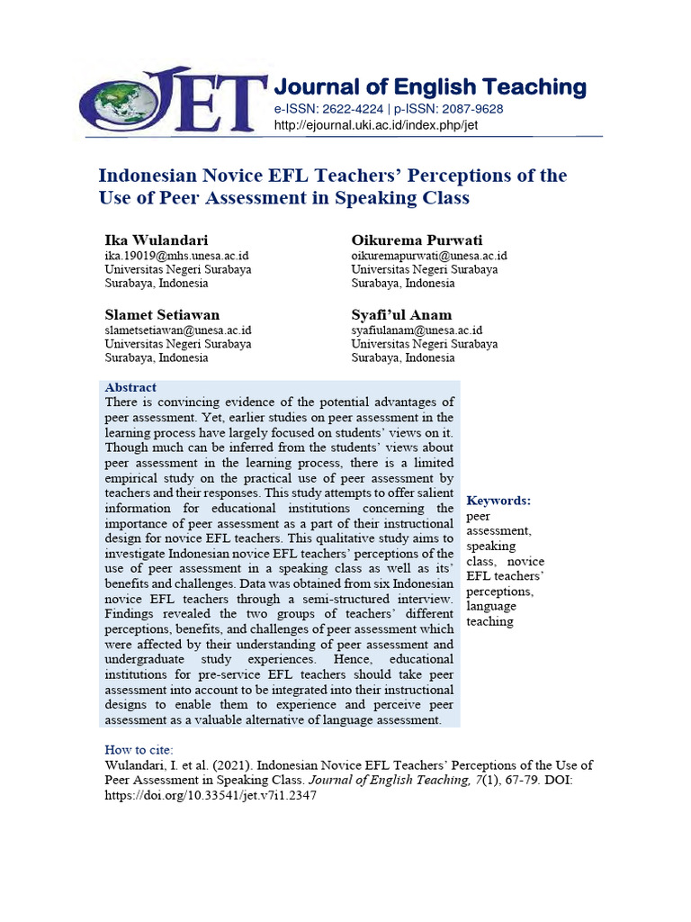 Novice EFL Teachers' Views on Peer Assessment | PDF | Educational ...