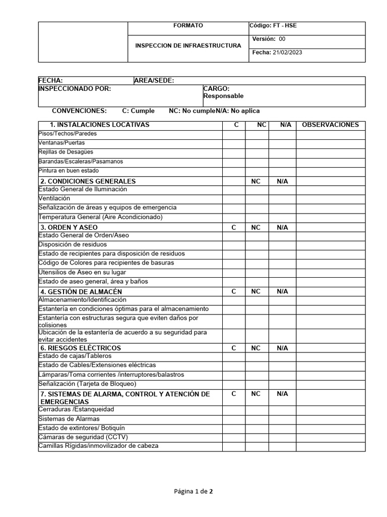 Inspección de Infraestructura HSE 2023 | PDF | Higiene