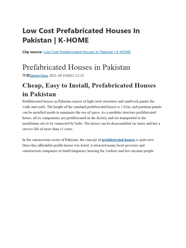 Low Cost Prefabricated Houses in Pakistan K-HOME | PDF | Building ...