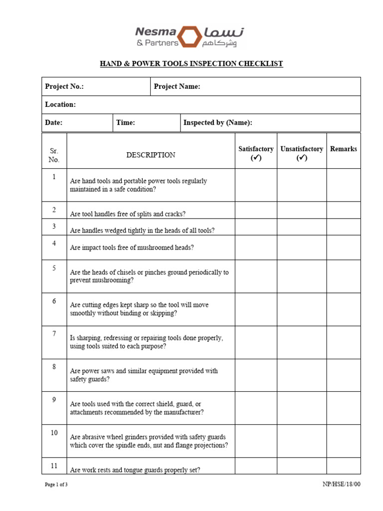 Hand & Power Tools Inspection Checklist Download Free PDF Manufactured Goods Tools
