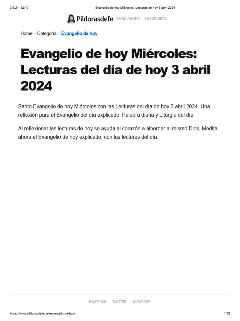 Evangelio de Hoy Miércoles - Lecturas de Hoy 3 Abril 2024 | PDF | Jesús ...