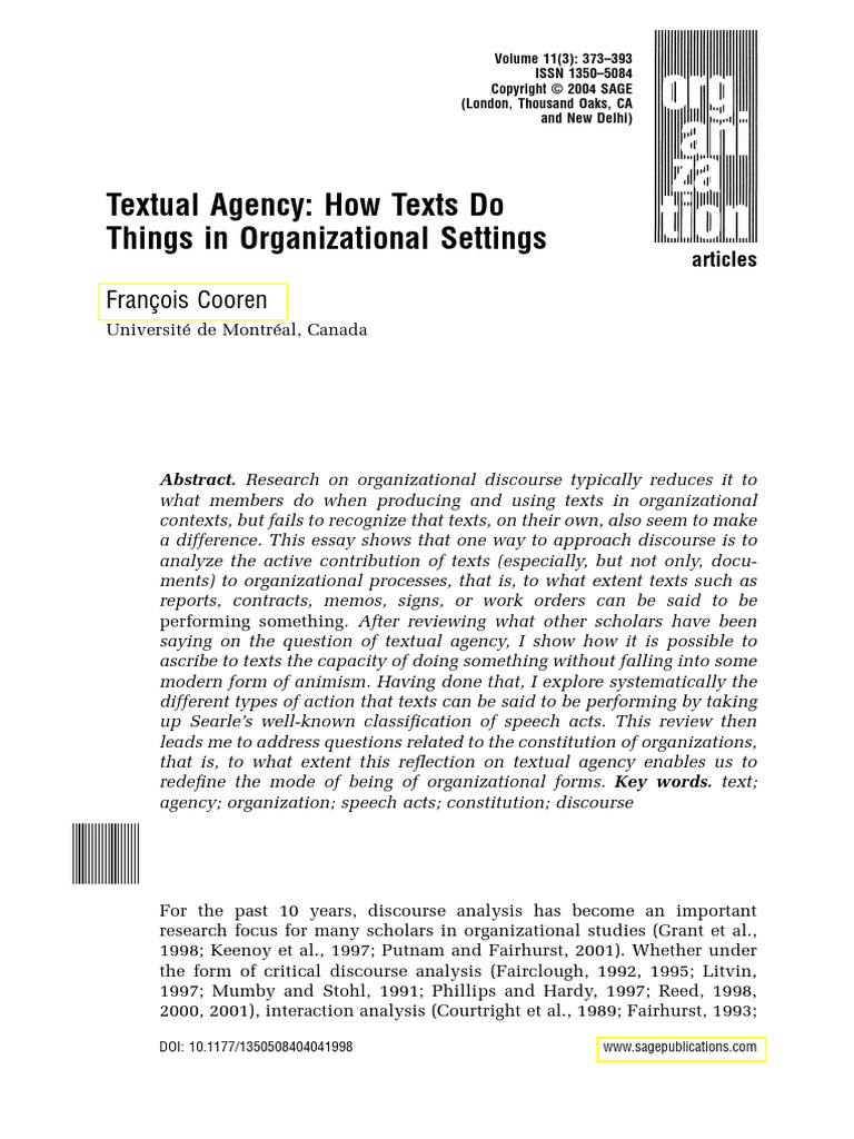 Textual Agency - How Texts Do Things in Organization - Cooren | PDF