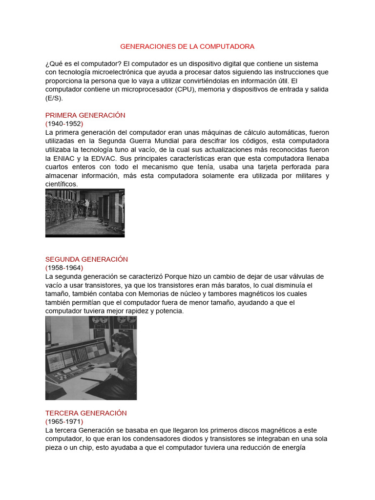 Generaciones de La Computadora | PDF | Almacenamiento de datos de la ...