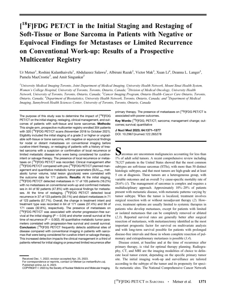 FDG PET-CT in The Initial Staging and Restaging of Soft Tissue or Bone ...