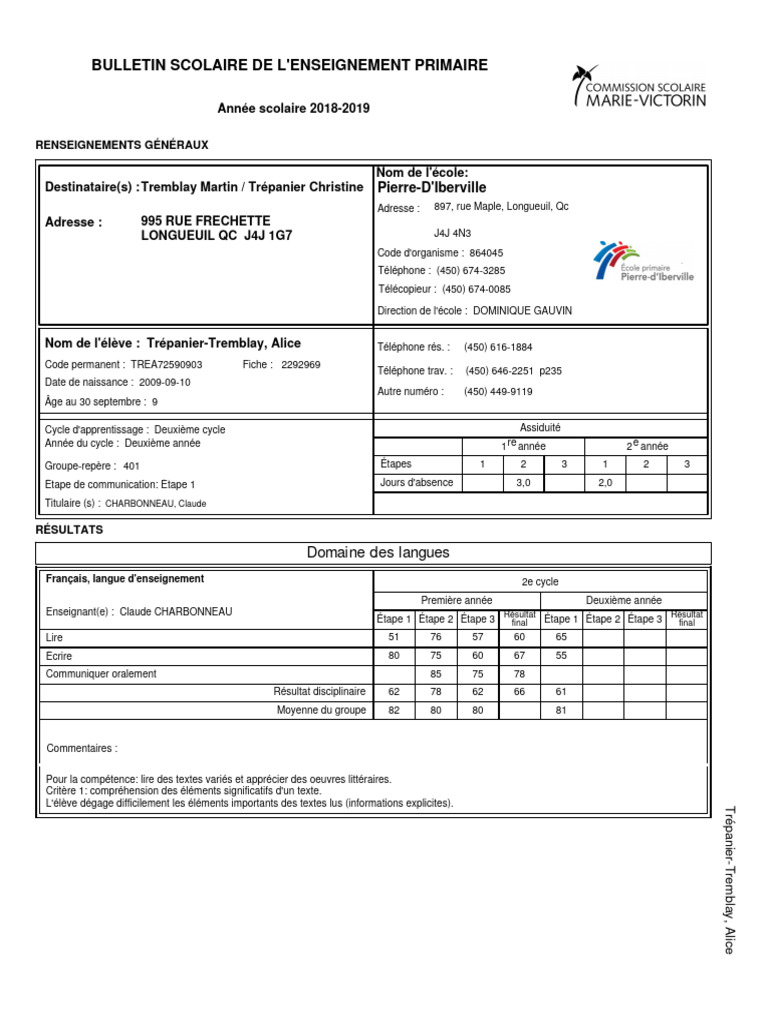 Bulletin scolaire d'Alice Trépanier-Tremblay | PDF | Mathématiques ...