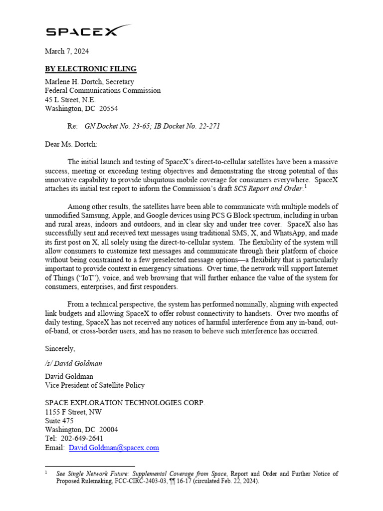 Spacex scs draft order test report ex parte 3 7 2024 download free