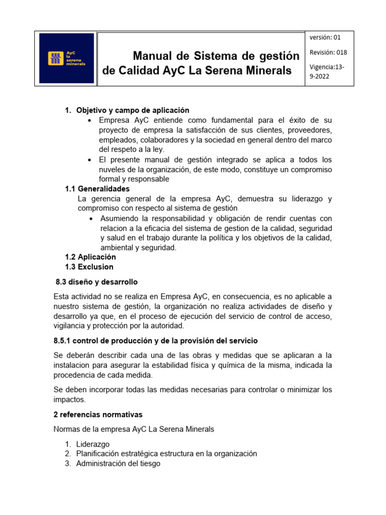 Manual de Gestión Integrada AyC Minerals | PDF | Sistema de manejo de ...